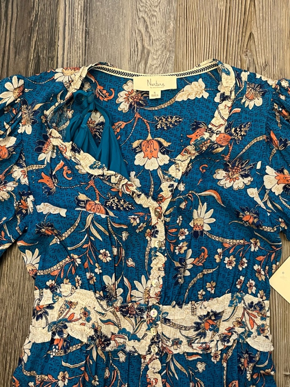 Westbound Teal Floral Button-Front Blouse with Cream & Orange Details